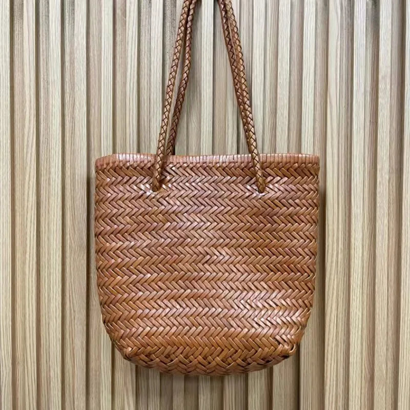 100% Cowhide leather hand-woven bag Women's leather vegetable basket bag Women's Shopping Bag