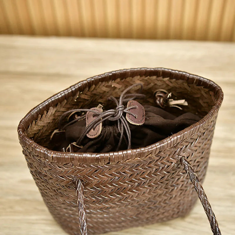 100% Cowhide leather hand-woven bag Women's leather vegetable basket bag Women's Shopping Bag