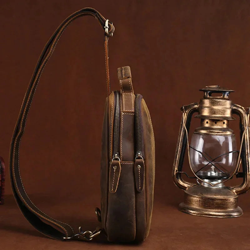 100% Genuine Crazy Horse Leather Men's Sling Chest Day Pack Back Vintage Casual Messenger Bags Cross Body Cowhide Shoulder Bag