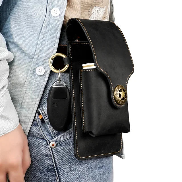 100% Genuine Leather Waist Cellphone Bag For Men Vintage Small Outdoor Loop Belt Phone Holster Pouch Holder With Cigarette Case