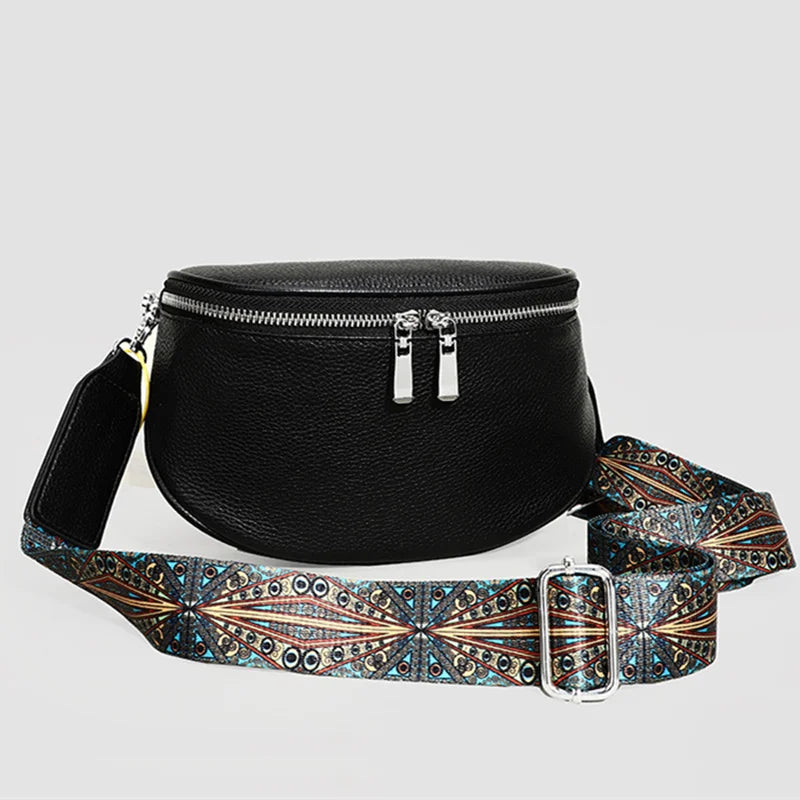 100% Genuine Leather Women's Bag Fashion Solid Cow Leather Women Shoulder Crossbody Bag Designer Wide Fabric Strap Messenger Sac