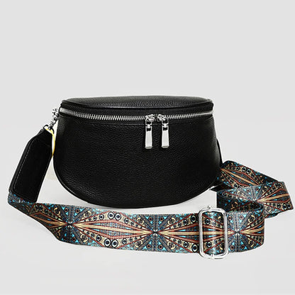 100% Genuine Leather Women's Bag Fashion Solid Cow Leather Women Shoulder Crossbody Bag Designer Wide Fabric Strap Messenger Sac