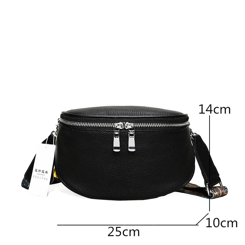 100% Genuine Leather Women's Bag Fashion Solid Cow Leather Women Shoulder Crossbody Bag Designer Wide Fabric Strap Messenger Sac