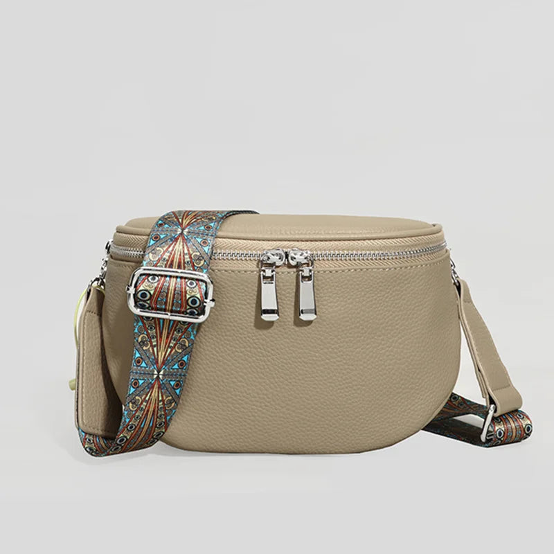 100% Genuine Leather Women's Bag Fashion Solid Cow Leather Women Shoulder Crossbody Bag Designer Wide Fabric Strap Messenger Sac