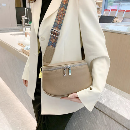 100% Genuine Leather Women's Bag Fashion Solid Cow Leather Women Shoulder Crossbody Bag Designer Wide Fabric Strap Messenger Sac