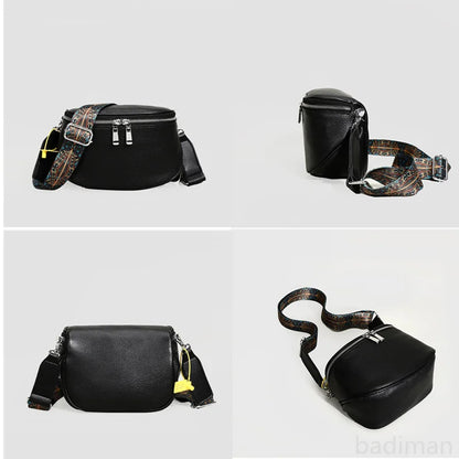 100% Genuine Leather Women's Bag Fashion Solid Cow Leather Women Shoulder Crossbody Bag Designer Wide Fabric Strap Messenger Sac