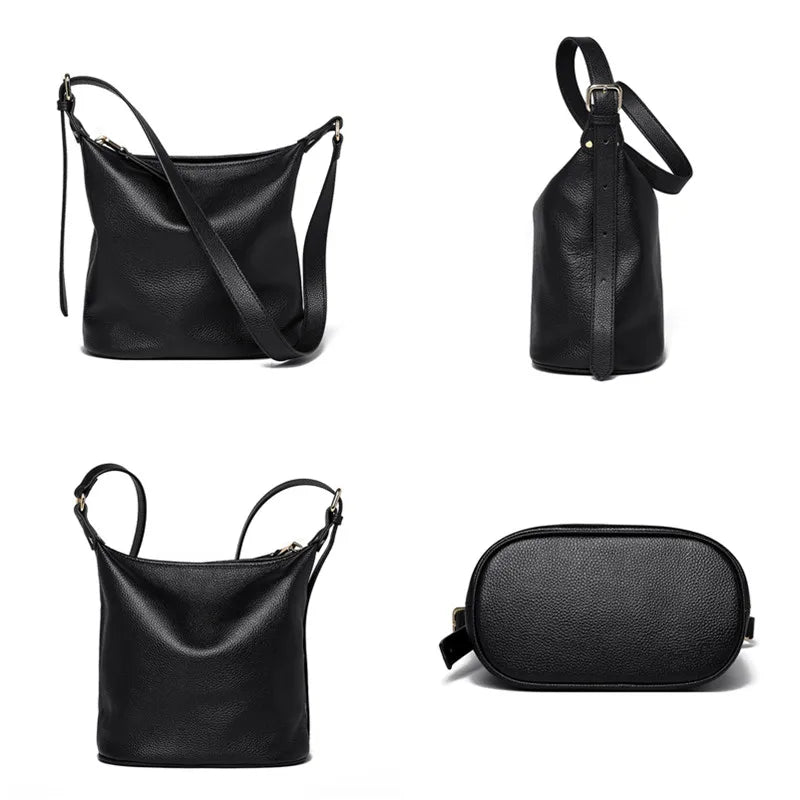 100% Solid Color Genuine Leather Women Shoulder Crossbody Bags 2023 High Quality Cowhide Small Ladies Messenger Bucket Tote Sac