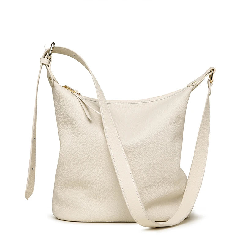 100% Solid Color Genuine Leather Women Shoulder Crossbody Bags 2023 High Quality Cowhide Small Ladies Messenger Bucket Tote Sac