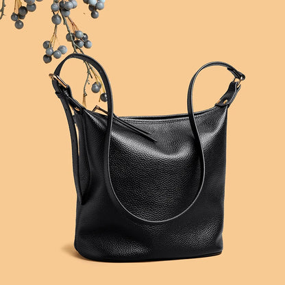 100% Solid Color Genuine Leather Women Shoulder Crossbody Bags 2023 High Quality Cowhide Small Ladies Messenger Bucket Tote Sac