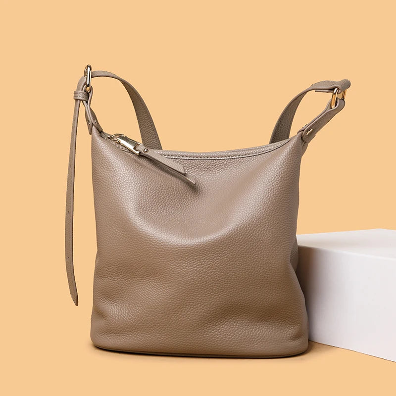 100% Solid Color Genuine Leather Women Shoulder Crossbody Bags 2023 High Quality Cowhide Small Ladies Messenger Bucket Tote Sac