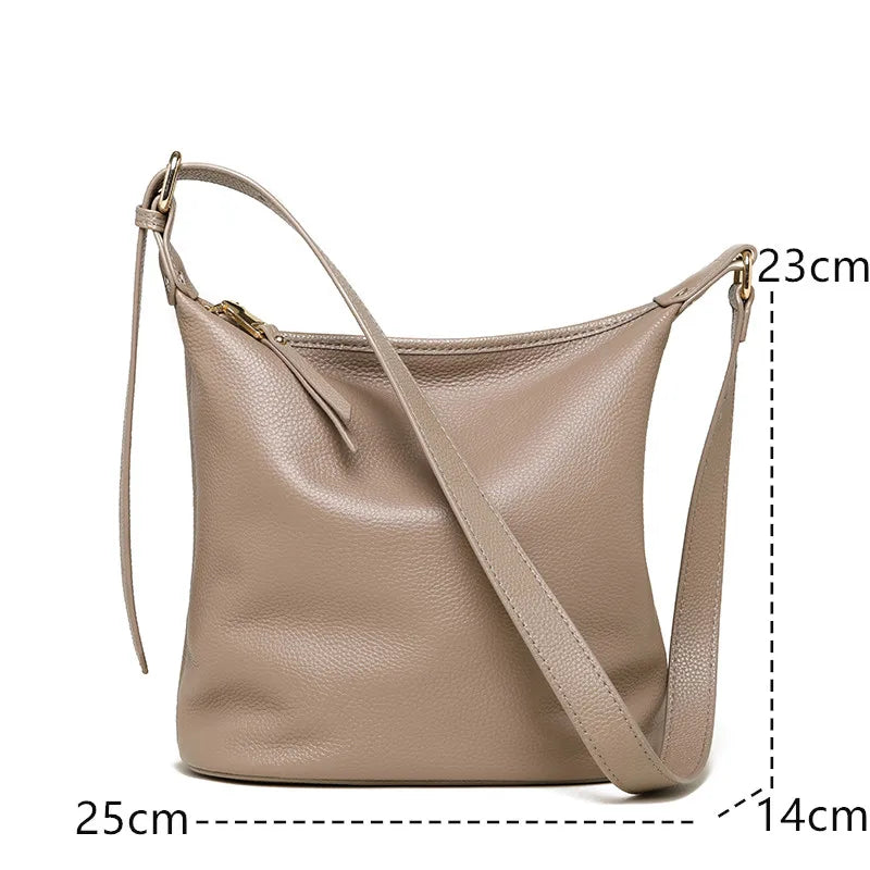 100% Solid Color Genuine Leather Women Shoulder Crossbody Bags 2023 High Quality Cowhide Small Ladies Messenger Bucket Tote Sac