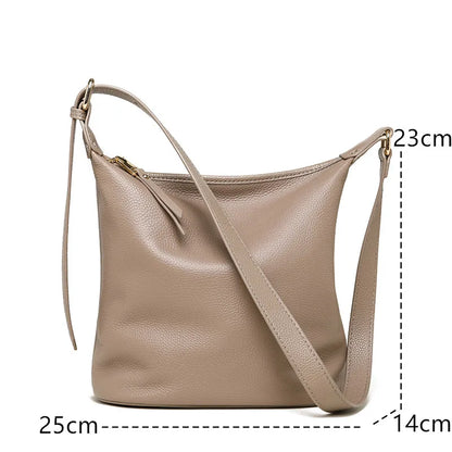 100% Solid Color Genuine Leather Women Shoulder Crossbody Bags 2023 High Quality Cowhide Small Ladies Messenger Bucket Tote Sac