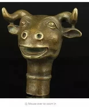 100% brass Pure Copper Brass Grandpa Good Lucky Collectible Old Handwork Carving Bull Statue Cane Head Walking Stick