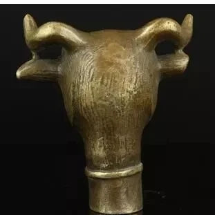 100% brass Pure Copper Brass Grandpa Good Lucky Collectible Old Handwork Carving Bull Statue Cane Head Walking Stick