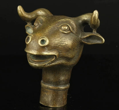 100% brass Pure Copper Brass Grandpa Good Lucky Collectible Old Handwork Carving Bull Statue Cane Head Walking Stick