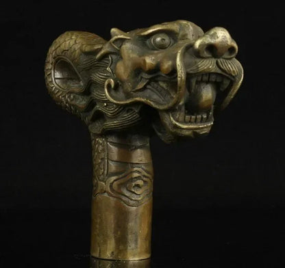 100% bronze Pure Copper Brass old Grandpa Good Lucky Walking Stick Head China Old Handwork Carving Bronze Dragon