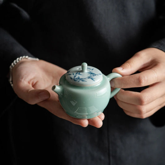 100ml Hand-painted Celadon Teapot Handmade Bamboo Ceramic Pot with Filter Chinese Porcelain Tea Brewing Kettle Kung Fu Tool Gift