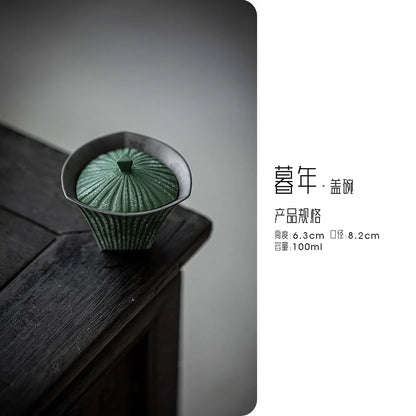 100ml Hand-painted  Dark Green Ceramic Tea Tureen Creative Triangular Lid Bowl Wabi Sabi Style Hand Grasping Bowl Kung Fu Teaset