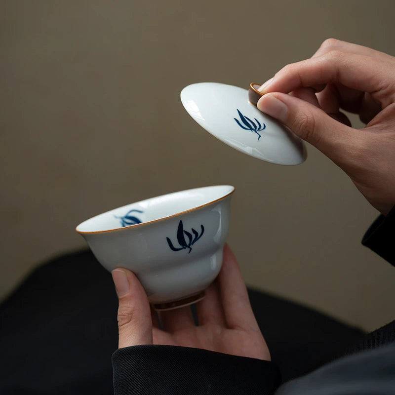 100ml Hand-painted Orchid Ceramic Gaiwan Luxury Gourd Porcelain Bowls Tea Tureen Household Tea Brewing Cover Bowl Cafes Ornament