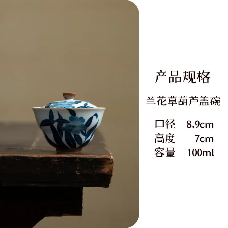 100ml Hand-painted Orchid Ceramic Gaiwan Luxury Gourd Porcelain Bowls Tea Tureen Household Tea Brewing Cover Bowl Cafes Ornament