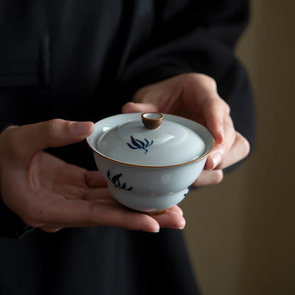 100ml Hand-painted Orchid Ceramic Gaiwan Luxury Gourd Porcelain Bowls Tea Tureen Household Tea Brewing Cover Bowl Cafes Ornament
