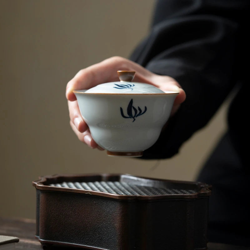 100ml Hand-painted Orchid Ceramic Gaiwan Luxury Gourd Porcelain Bowls Tea Tureen Household Tea Brewing Cover Bowl Cafes Ornament