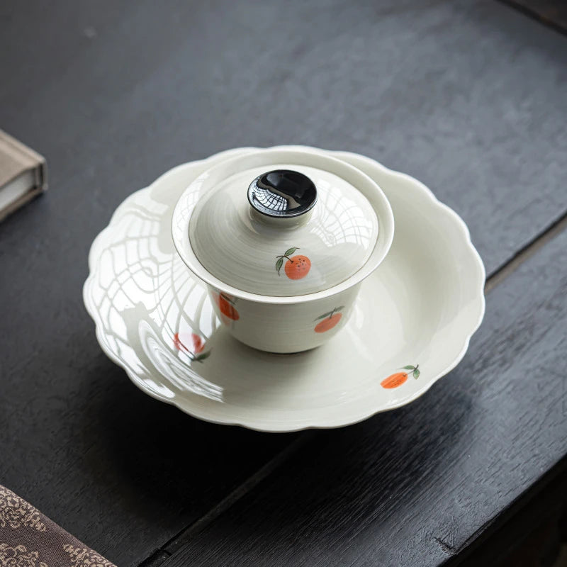 100ml Japanese Powder Plant Ash Tea Tureen Pure Hand Painted Persimmon Cover Bowl Chinese Tea Making Ceramic Gaiwan Kung Fu Tea