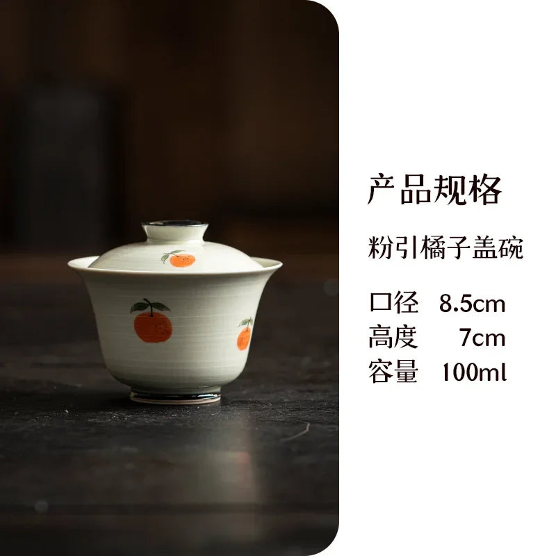 100ml Japanese Powder Plant Ash Tea Tureen Pure Hand Painted Persimmon Cover Bowl Chinese Tea Making Ceramic Gaiwan Kung Fu Tea