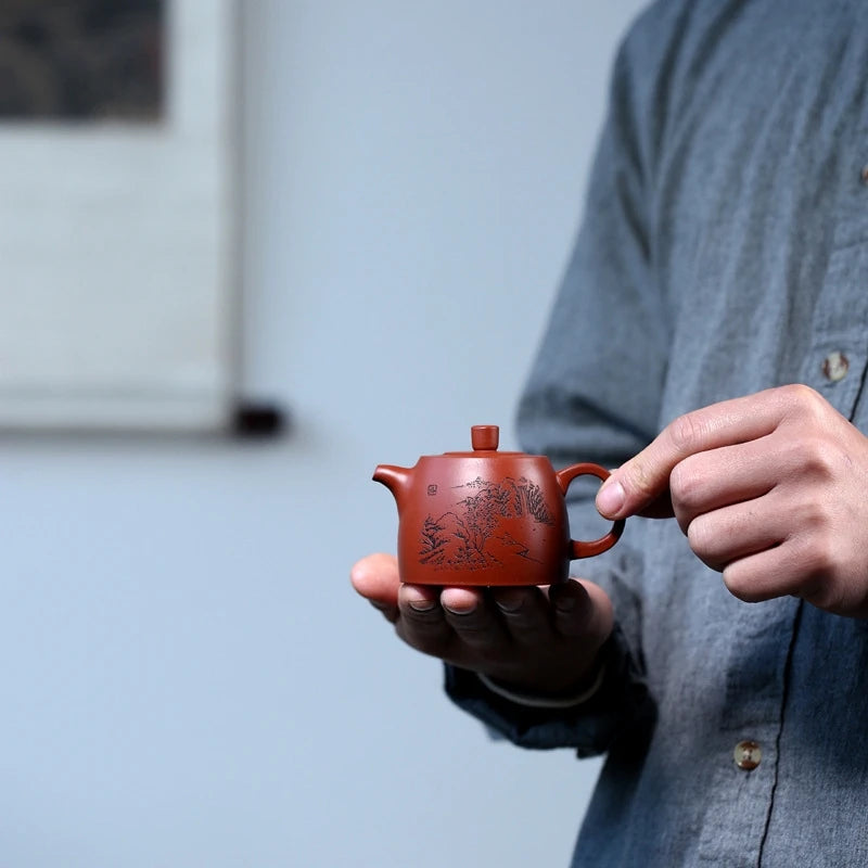 100ml JingLan Tea Pot Chinese Yixing Zisha Dahongpao Clay Marked Pot Mountain Carved Handmade Craft 7 Inufser Holes on sales new