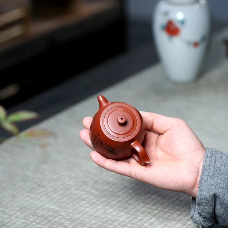 100ml JingLan Tea Pot Chinese Yixing Zisha Dahongpao Clay Marked Pot Mountain Carved Handmade Craft 7 Inufser Holes on sales new