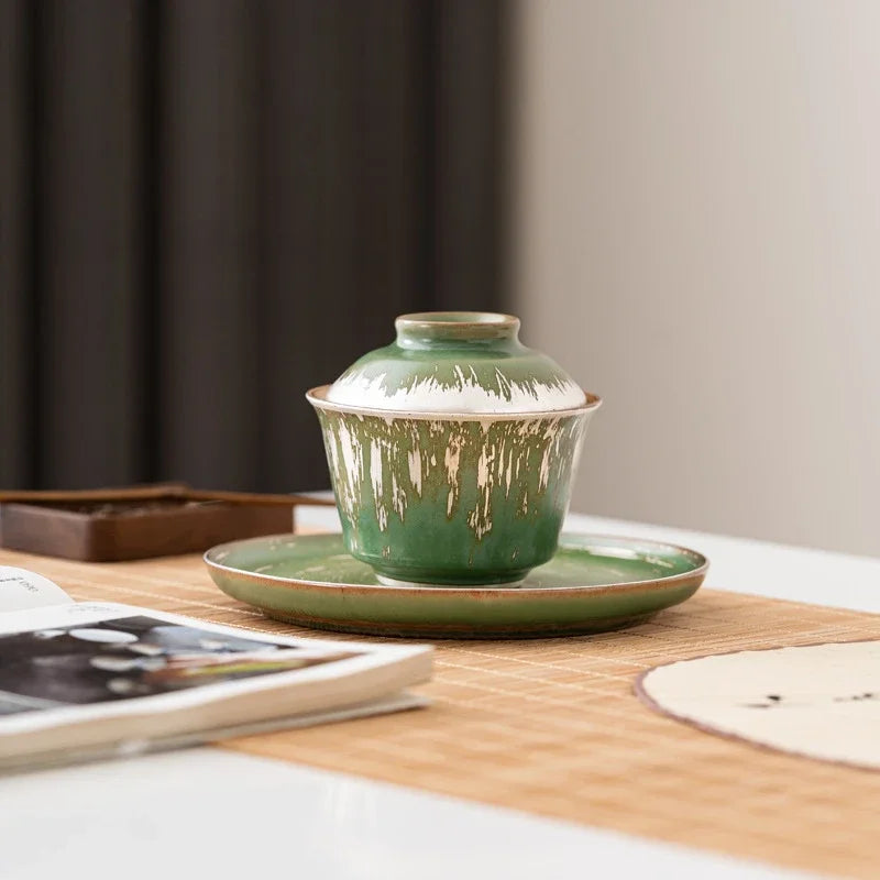 100ml Kiln Fambe Gaiwan Silver Colored Bamboo Forest Green Sancai Tea Tureen Household Tea Cover Bowl Ceramic Kung Fu Teaset