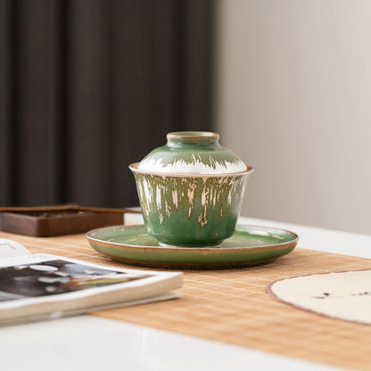 100ml Kiln Fambe Gaiwan Silver Colored Bamboo Forest Green Sancai Tea Tureen Household Tea Cover Bowl Ceramic Kung Fu Teaset