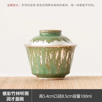 100ml Kiln Fambe Gaiwan Silver Colored Bamboo Forest Green Sancai Tea Tureen Household Tea Cover Bowl Ceramic Kung Fu Teaset