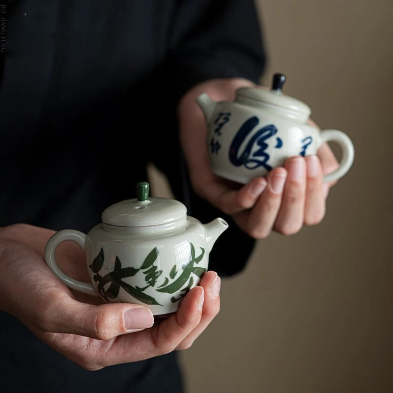 100ml Pure Hand Painted  Literature Ceramic Teapot Retro Plant Ash Mini Pot Chinese Tea Maker Kettle with Filter Kung Fu Tea Set