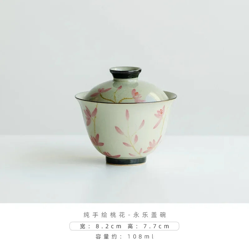 108ml Pure Hand-painted Peach Blossom Gaiwan Luxury Tea Brewing Cup Hand Grasping Bowl Tea Tureen Tea Maker Cover Bowl Teaware