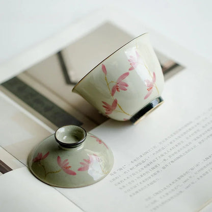 108ml Pure Hand-painted Peach Blossom Gaiwan Luxury Tea Brewing Cup Hand Grasping Bowl Tea Tureen Tea Maker Cover Bowl Teaware