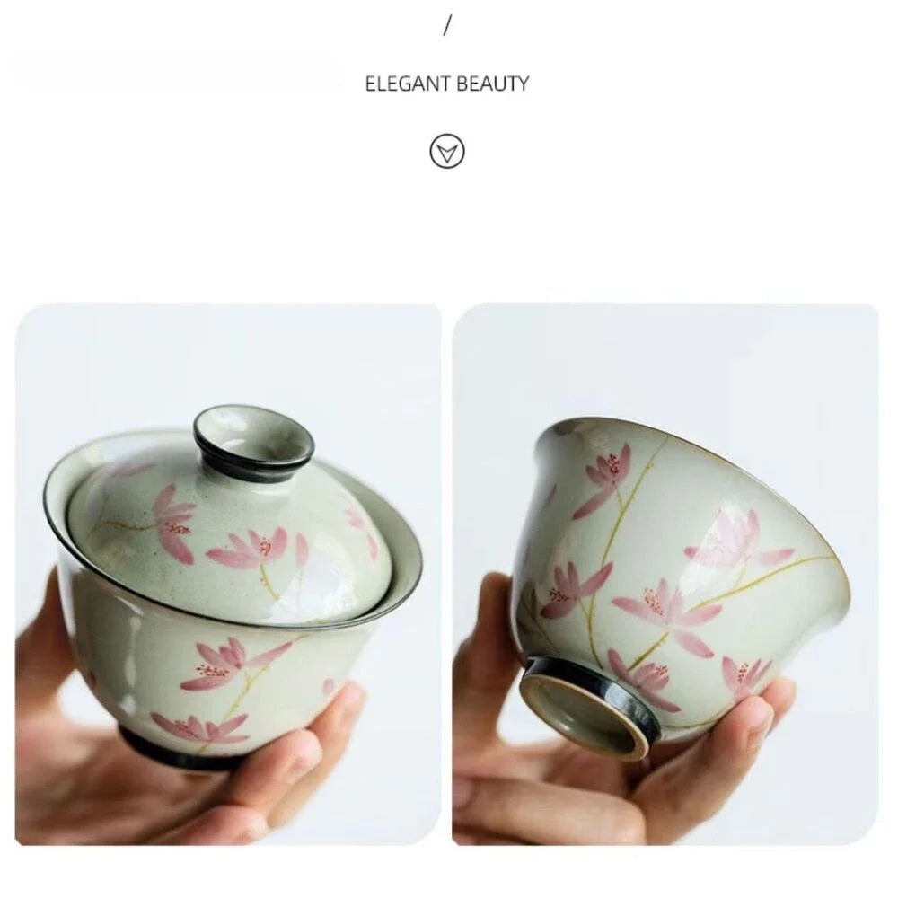108ml Pure Hand-painted Peach Blossom Gaiwan Luxury Tea Brewing Cup Hand Grasping Bowl Tea Tureen Tea Maker Cover Bowl Teaware