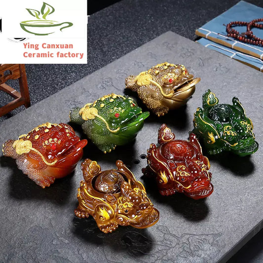 Retro Golden Toad Statue Resin Color Changing Tea Pet Lucky Tea Figurine Ornaments Can Raise Tea Set Decoration Accessories Gift