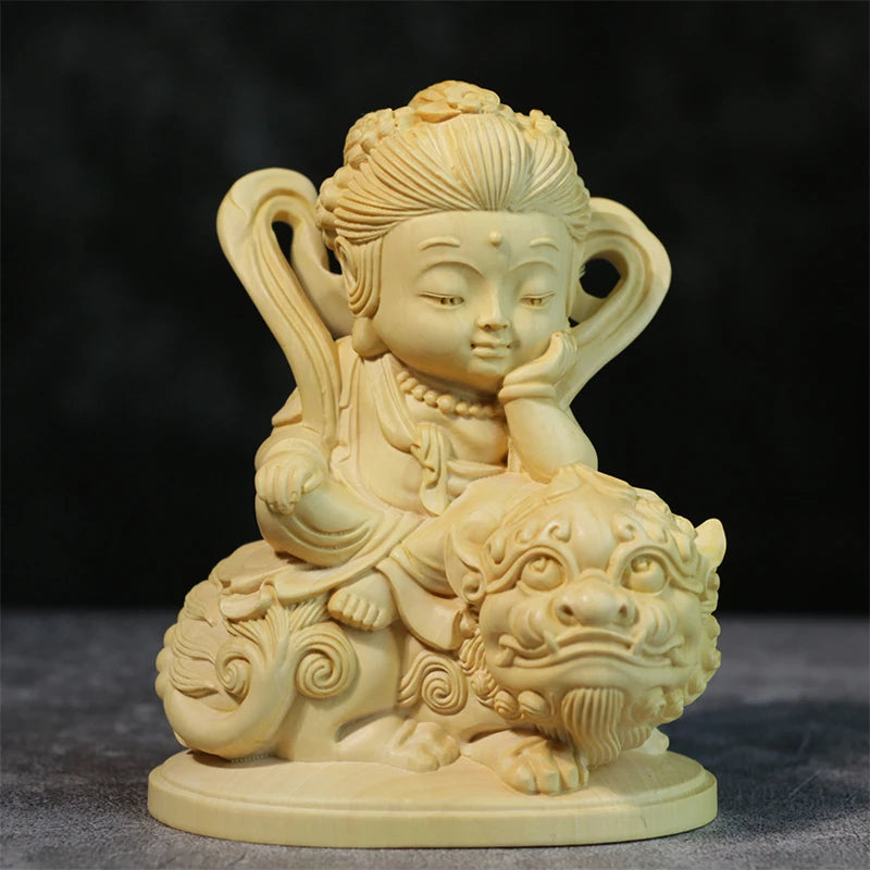 10CM Cartoon Buddha Statue Boxwood Carving Decoration Solid Wood Craft Sculpture Home Manjusri Sages Bodhisattva Home Decor