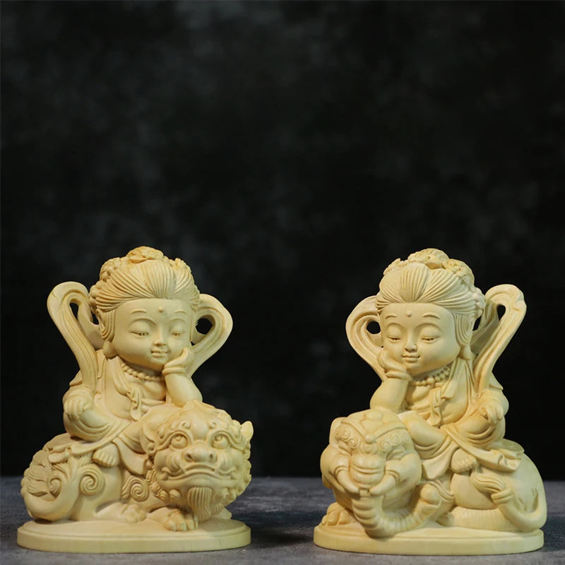 10CM Cartoon Buddha Statue Boxwood Carving Decoration Solid Wood Craft Sculpture Home Manjusri Sages Bodhisattva Home Decor