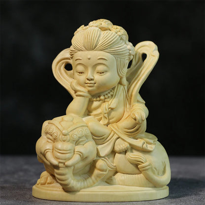10CM Cartoon Buddha Statue Boxwood Carving Decoration Solid Wood Craft Sculpture Home Manjusri Sages Bodhisattva Home Decor