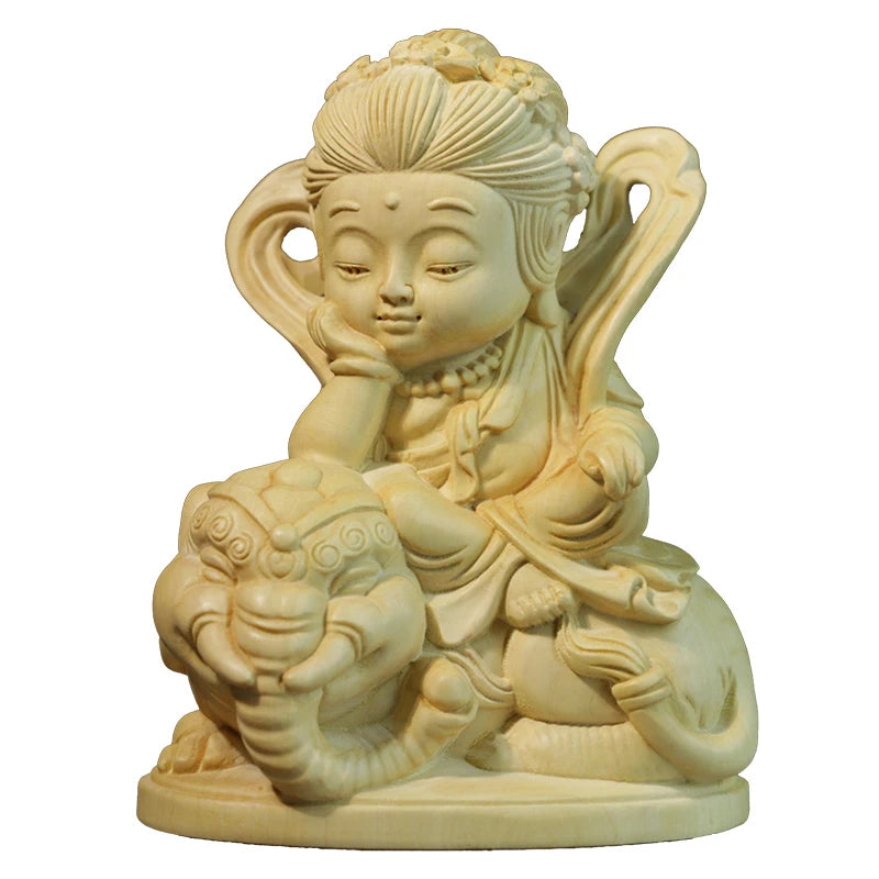 10CM Cartoon Buddha Statue Boxwood Carving Decoration Solid Wood Craft Sculpture Home Manjusri Sages Bodhisattva Home Decor