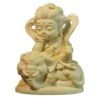 10CM Cartoon Buddha Statue Boxwood Carving Decoration Solid Wood Craft Sculpture Home Manjusri Sages Bodhisattva Home Decor