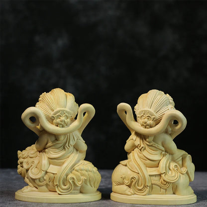 10CM Cartoon Buddha Statue Boxwood Carving Decoration Solid Wood Craft Sculpture Home Manjusri Sages Bodhisattva Home Decor