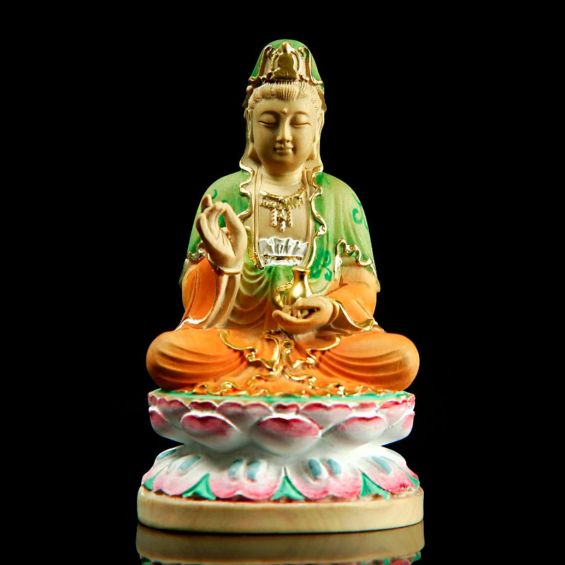 10CM Painted Guanyin Bodhisattva Small Figurines Wood Statue Crafts Buddha Boxwood Home Decoration Feng Shui Boat Decors