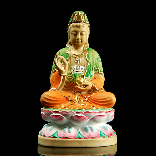 10CM Painted Guanyin Bodhisattva Small Figurines Wood Statue Crafts Buddha Boxwood Home Decoration Feng Shui Boat Decors