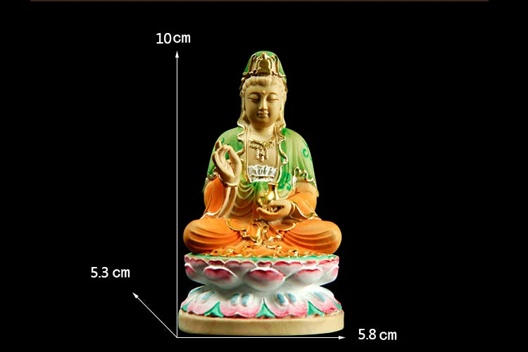 10CM Painted Guanyin Bodhisattva Small Figurines Wood Statue Crafts Buddha Boxwood Home Decoration Feng Shui Boat Decors