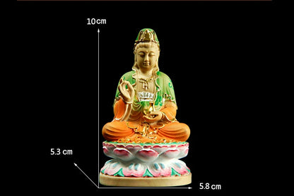 10CM Painted Guanyin Bodhisattva Small Figurines Wood Statue Crafts Buddha Boxwood Home Decoration Feng Shui Boat Decors