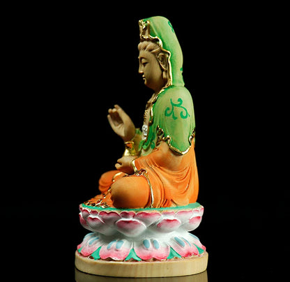 10CM Painted Guanyin Bodhisattva Small Figurines Wood Statue Crafts Buddha Boxwood Home Decoration Feng Shui Boat Decors