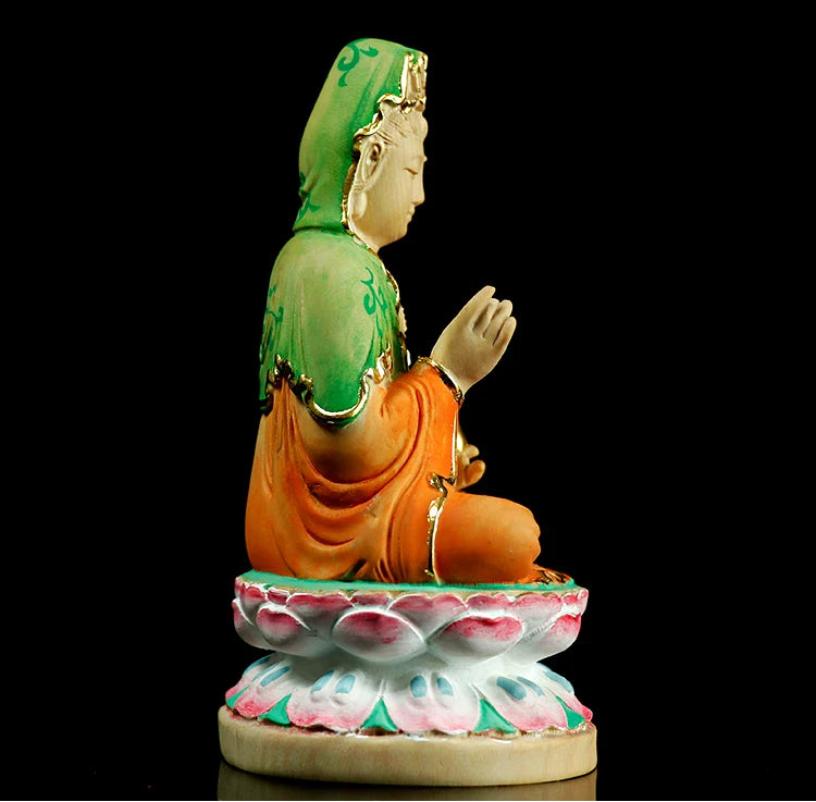 10CM Painted Guanyin Bodhisattva Small Figurines Wood Statue Crafts Buddha Boxwood Home Decoration Feng Shui Boat Decors